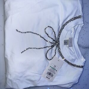 White T-Shirt with Silver Sequin Bow
